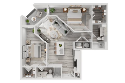 Floor plan for 2 beds, 2 baths, 977 sqft